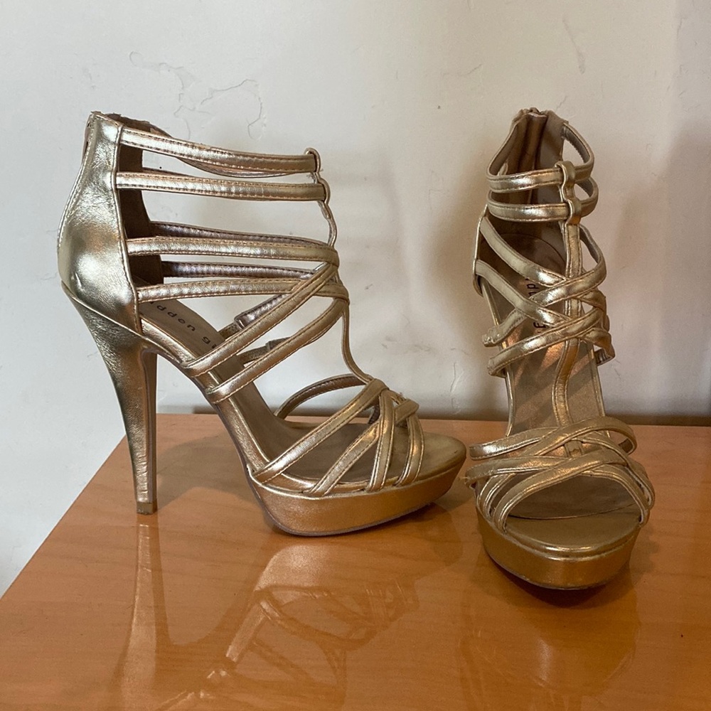 Madden Girl gold strapped platforms